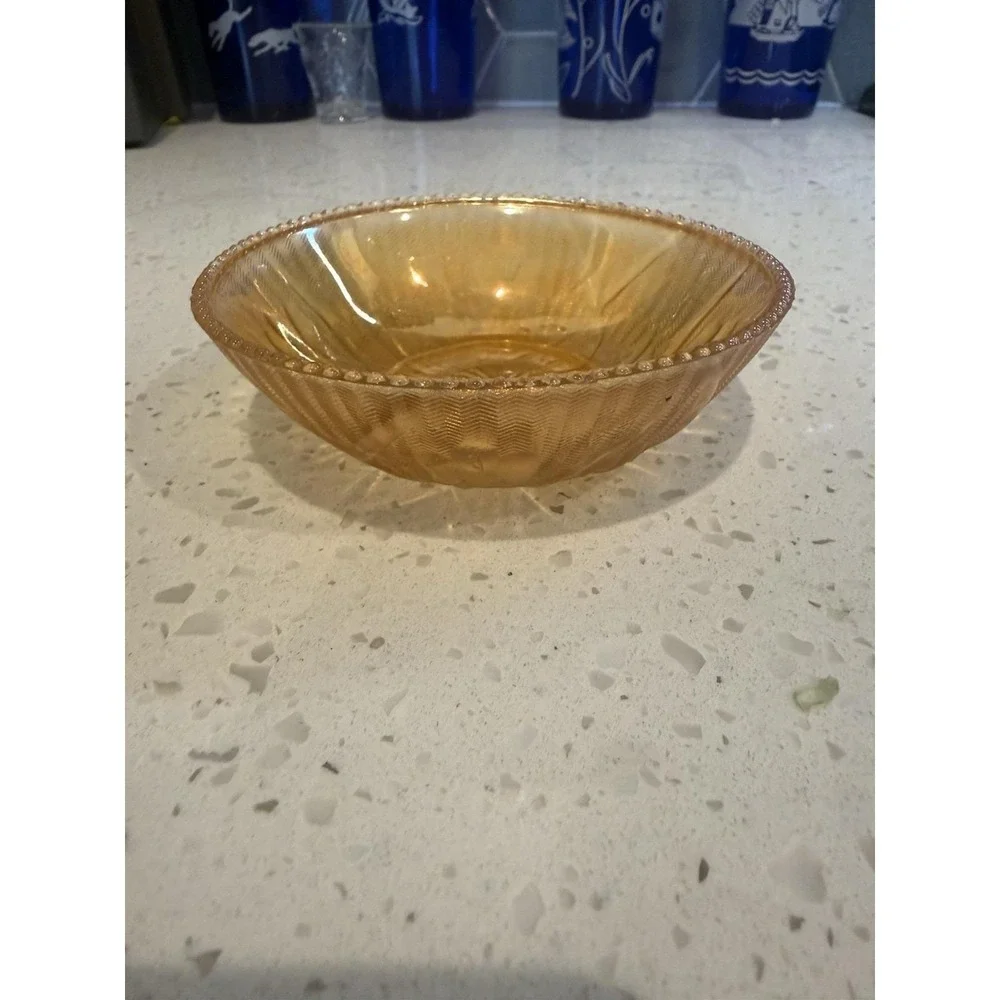 Jeannette Iris Herringbone Iridescent Peach Bowl Depression Carnival Glass